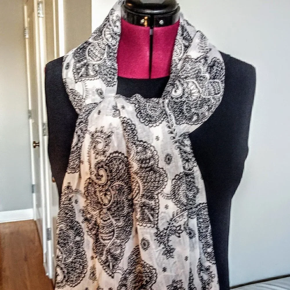 Natura Kirawira B&W Print Sheer Oblong Scarf/Wrap